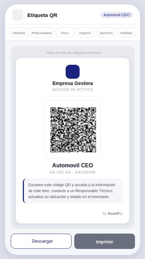 Etiqueta QR del bien en la app móvil